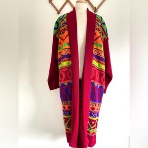 Vintage Southwestern Red Acrylic Knit Sweater Coat Maxi Sweater Cardigan